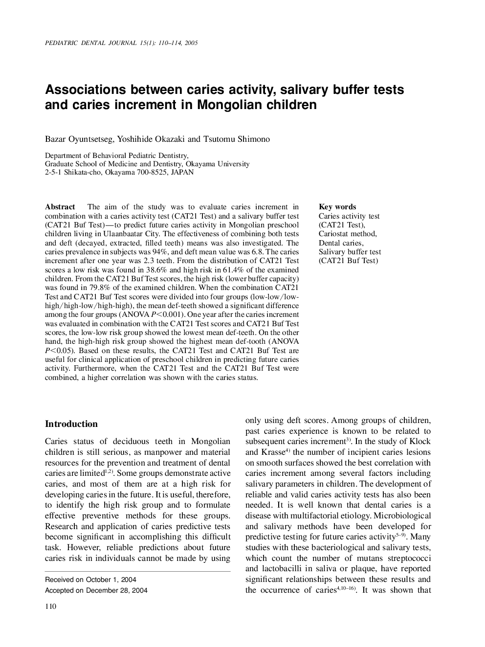 Associations between caries activity, salivary buffer tests and caries increment in Mongolian children