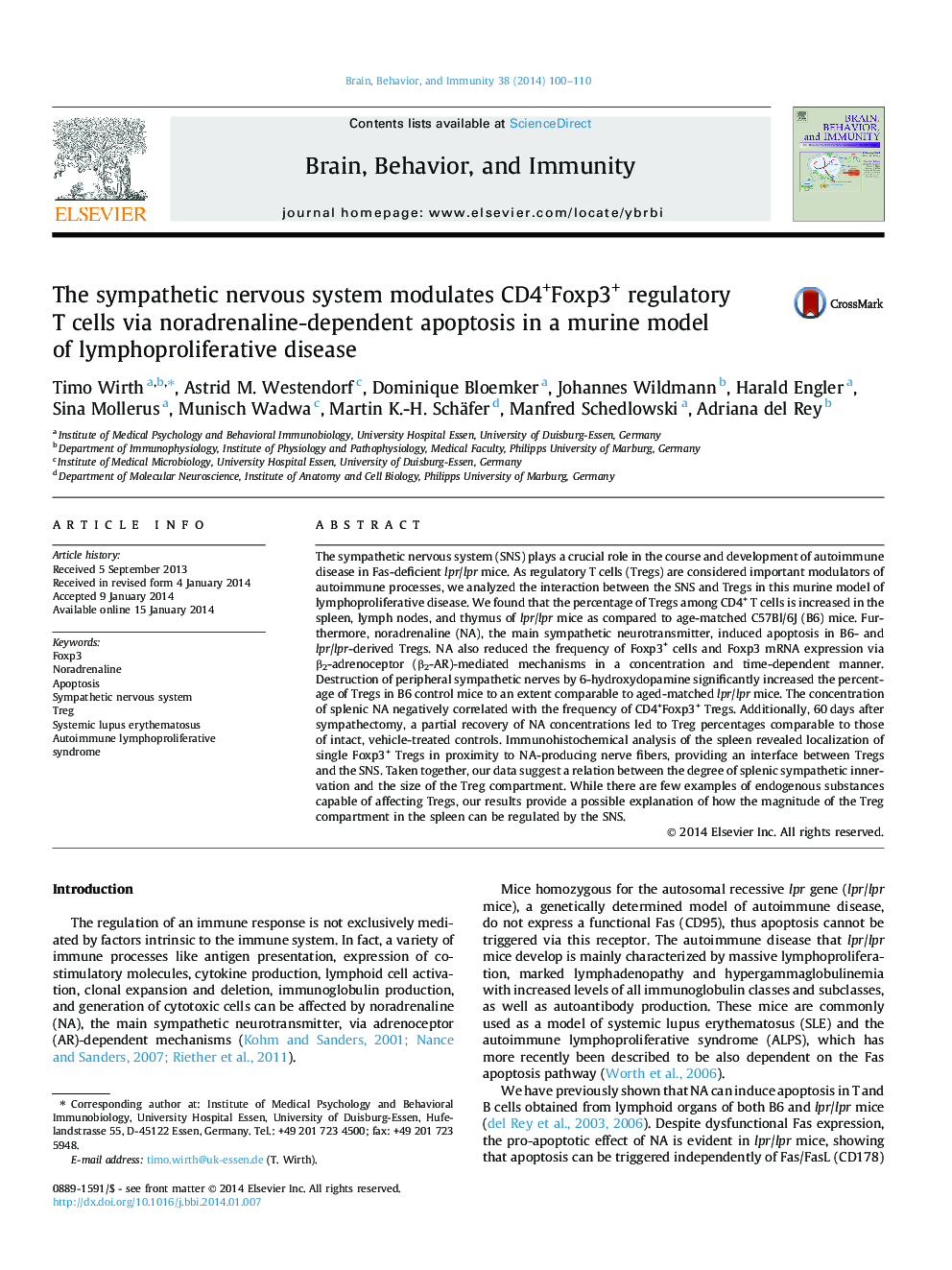 The sympathetic nervous system modulates CD4+Foxp3+ regulatory T cells via noradrenaline-dependent apoptosis in a murine model of lymphoproliferative disease