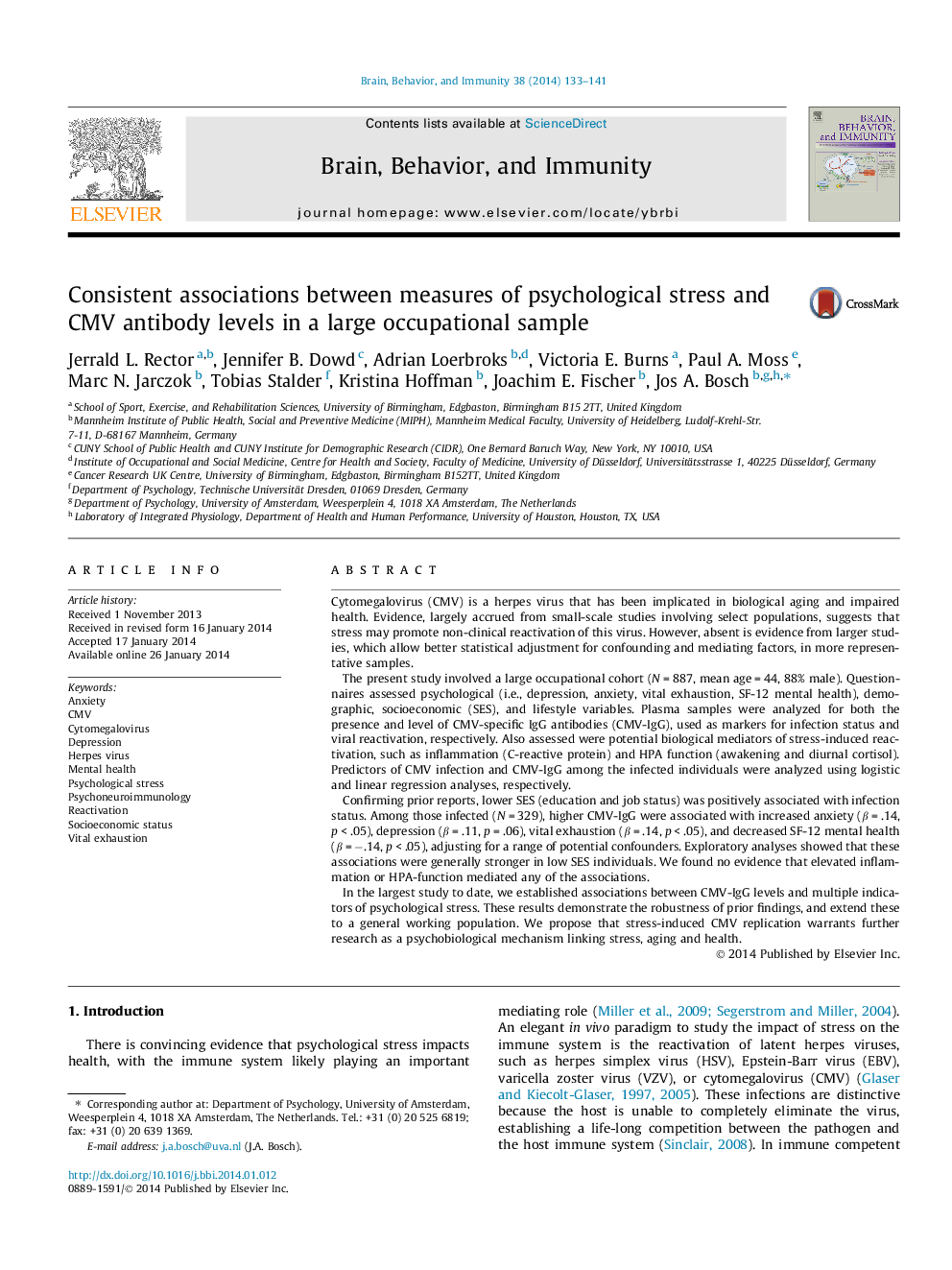 Consistent associations between measures of psychological stress and CMV antibody levels in a large occupational sample