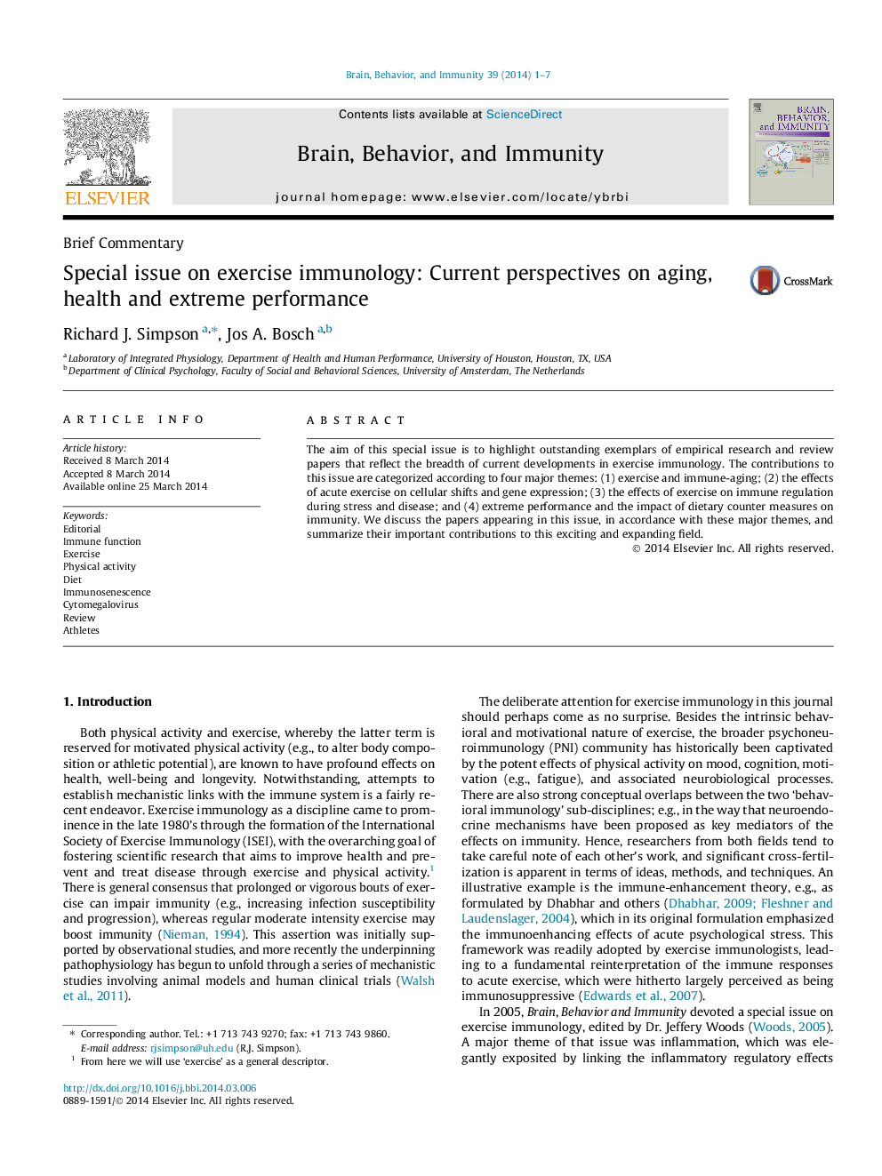 Special issue on exercise immunology: Current perspectives on aging, health and extreme performance