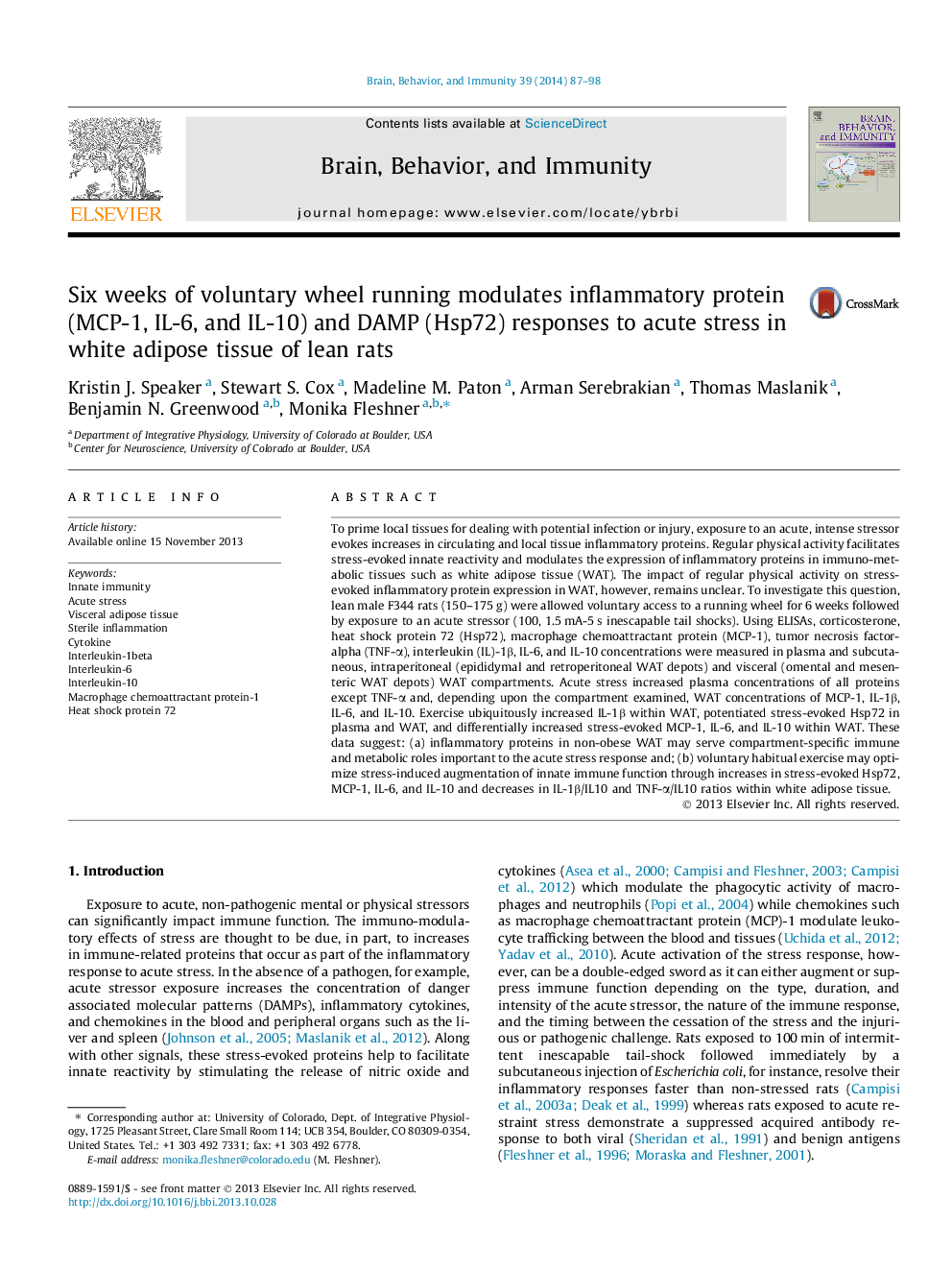 Six weeks of voluntary wheel running modulates inflammatory protein (MCP-1, IL-6, and IL-10) and DAMP (Hsp72) responses to acute stress in white adipose tissue of lean rats