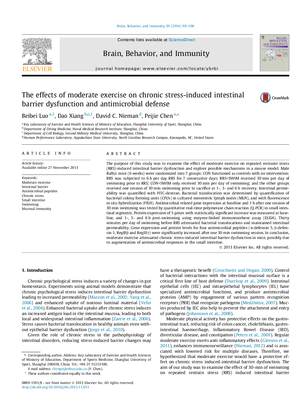 The effects of moderate exercise on chronic stress-induced intestinal barrier dysfunction and antimicrobial defense