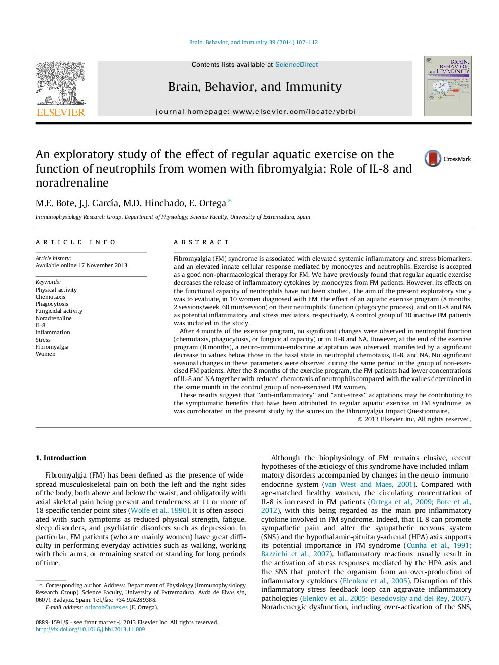 An exploratory study of the effect of regular aquatic exercise on the function of neutrophils from women with fibromyalgia: Role of IL-8 and noradrenaline