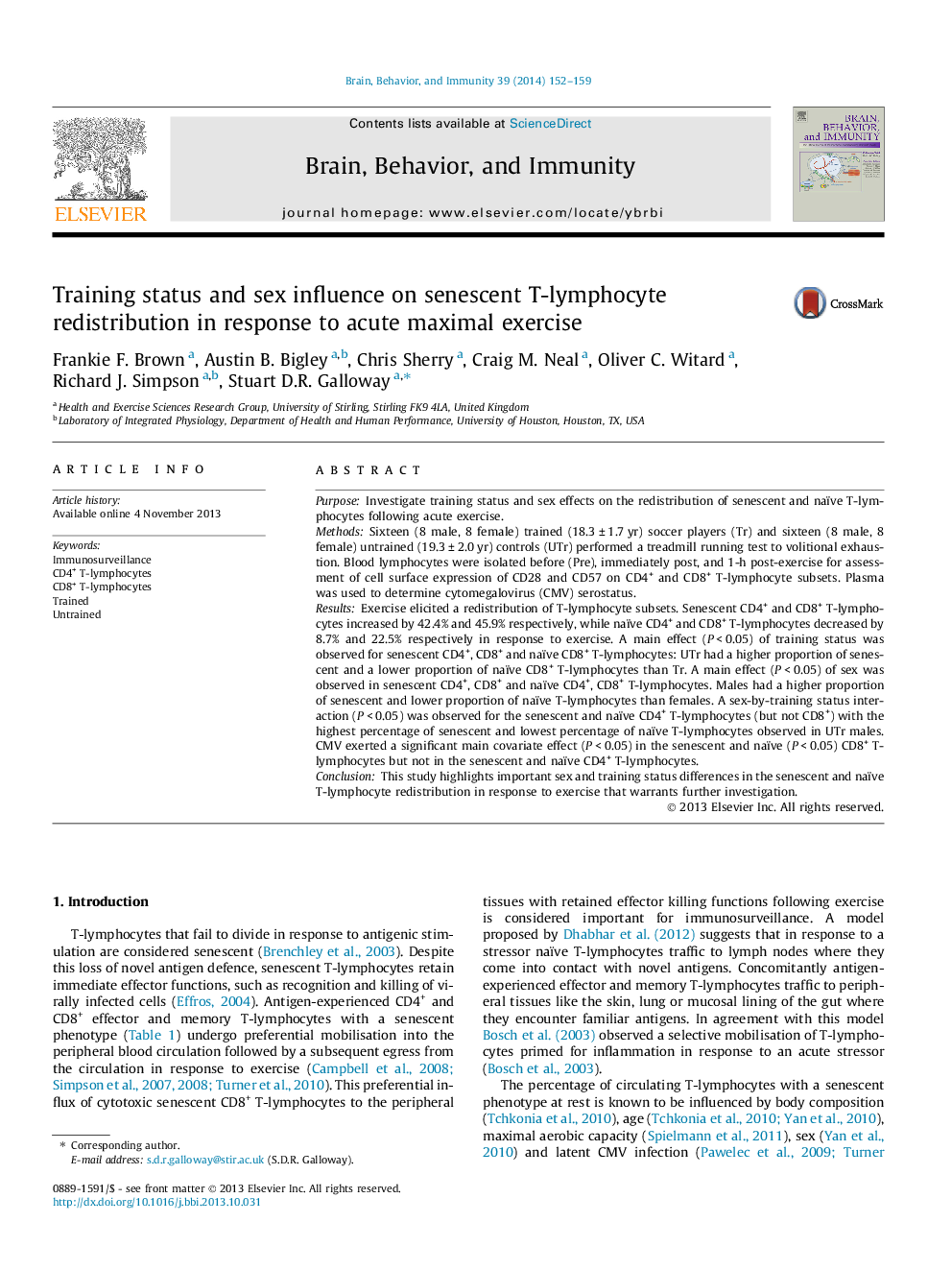 Training status and sex influence on senescent T-lymphocyte redistribution in response to acute maximal exercise