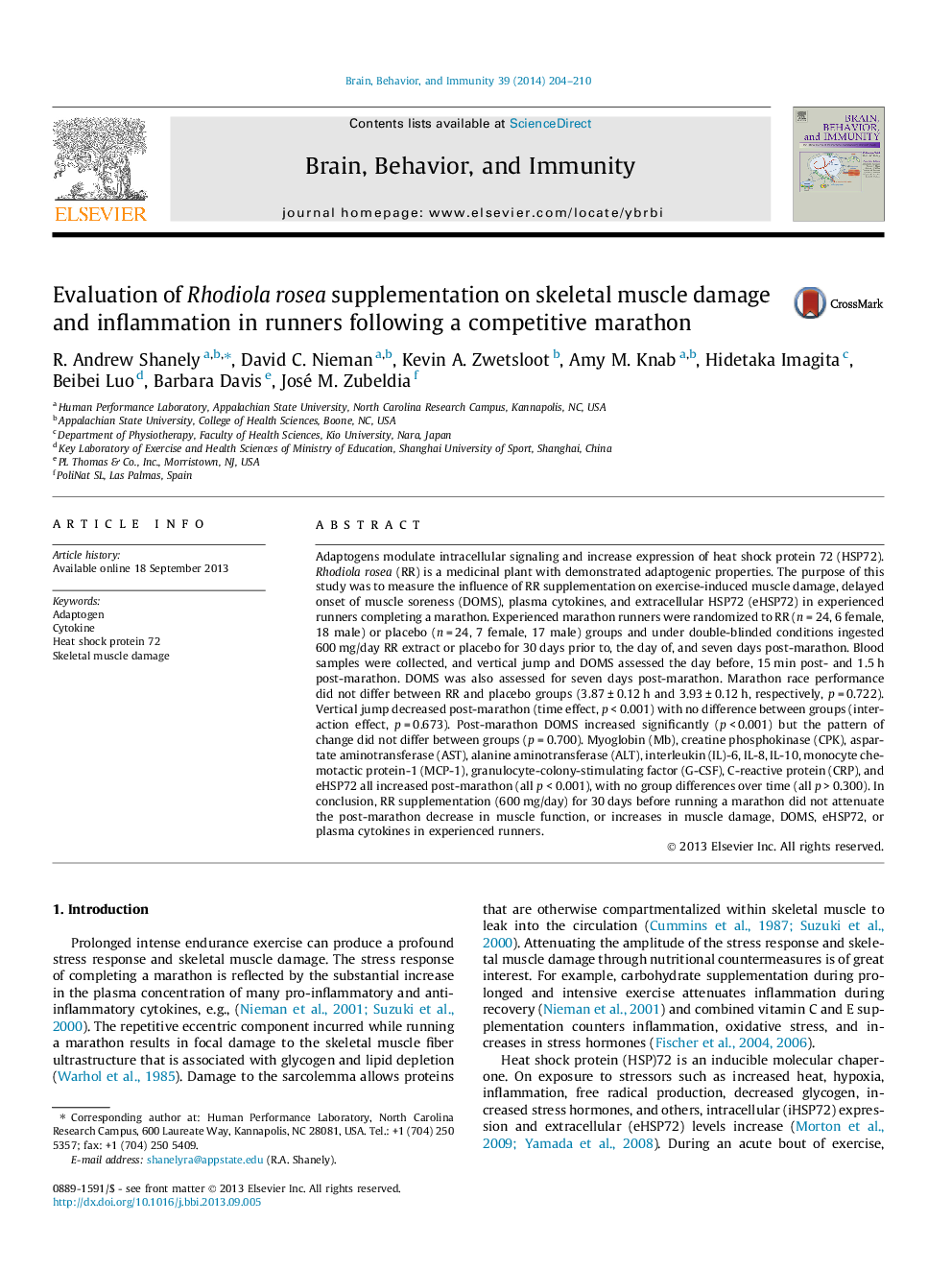 Evaluation of Rhodiola rosea supplementation on skeletal muscle damage and inflammation in runners following a competitive marathon