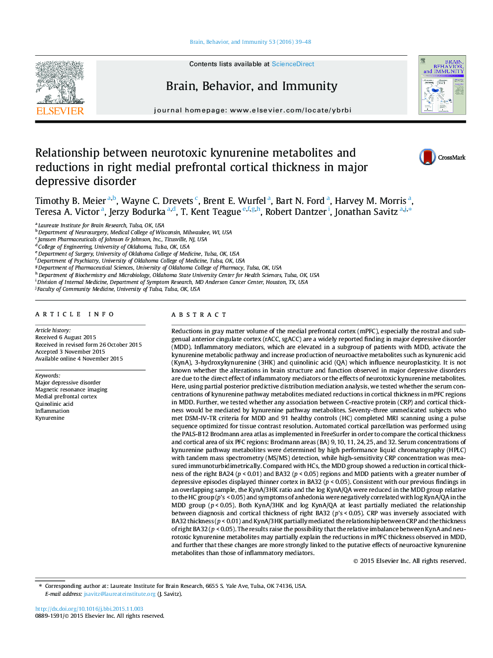 Relationship between neurotoxic kynurenine metabolites and reductions in right medial prefrontal cortical thickness in major depressive disorder