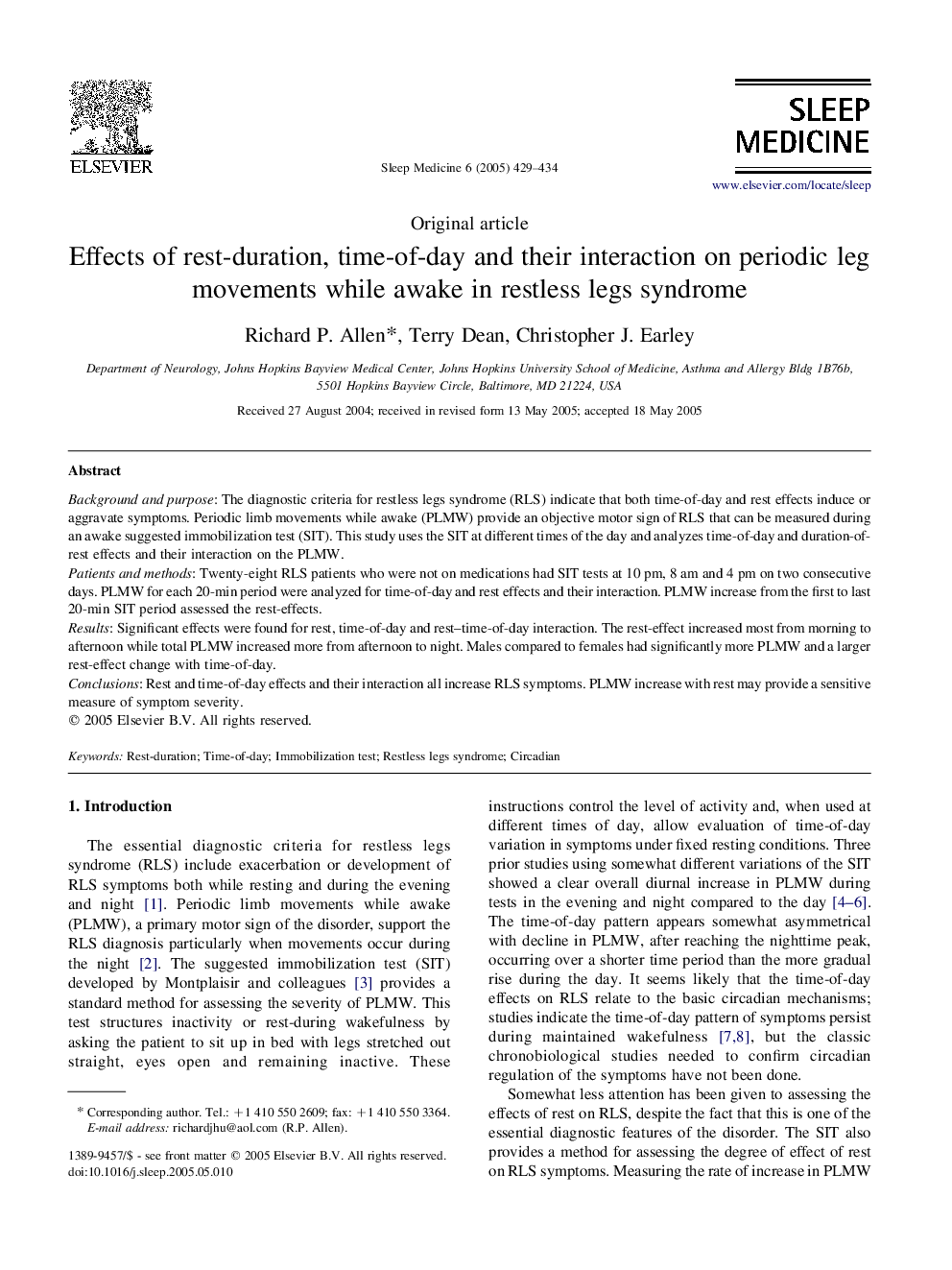 Effects of rest-duration, time-of-day and their interaction on periodic leg movements while awake in restless legs syndrome