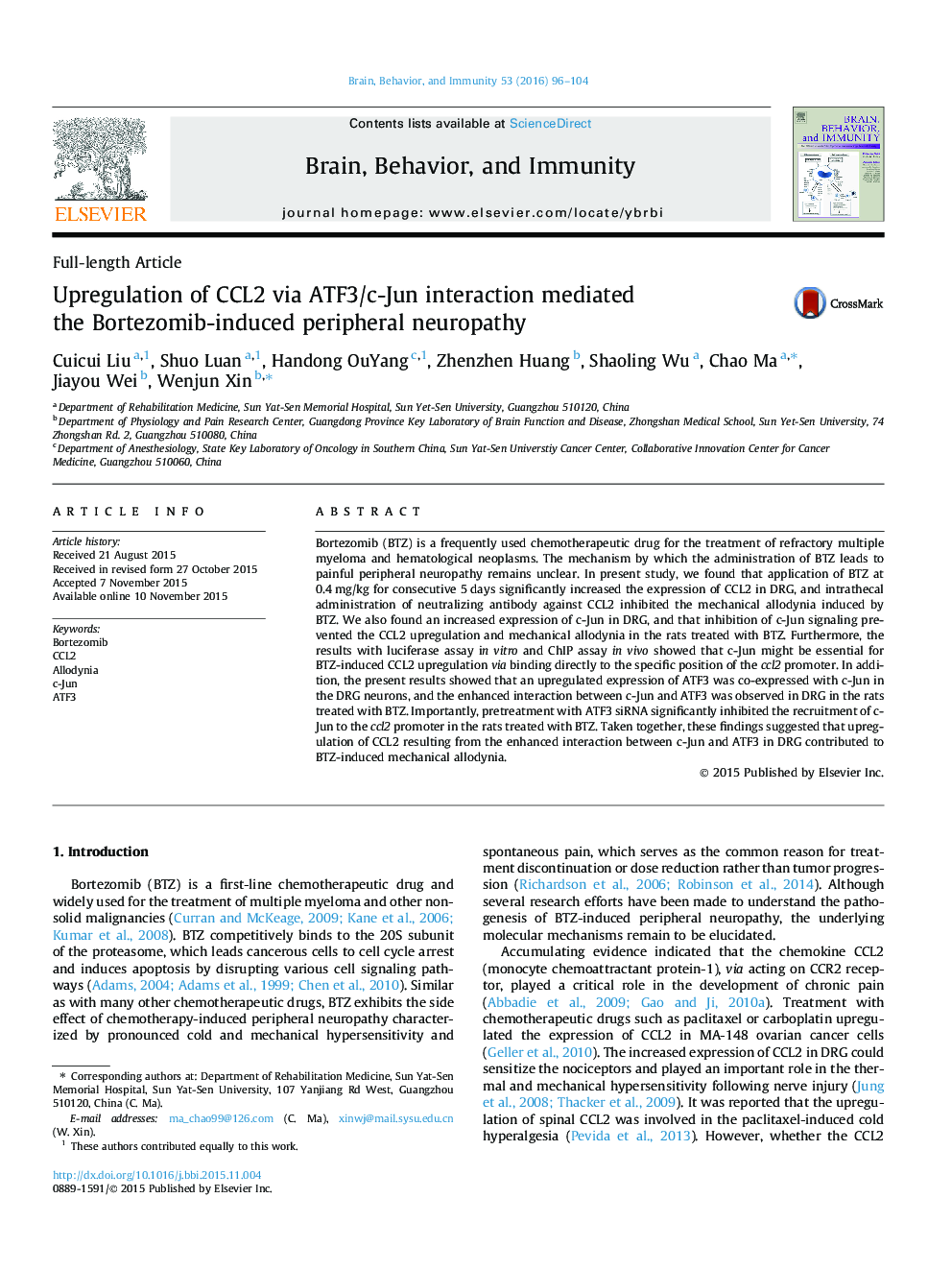 Upregulation of CCL2 via ATF3/c-Jun interaction mediated the Bortezomib-induced peripheral neuropathy