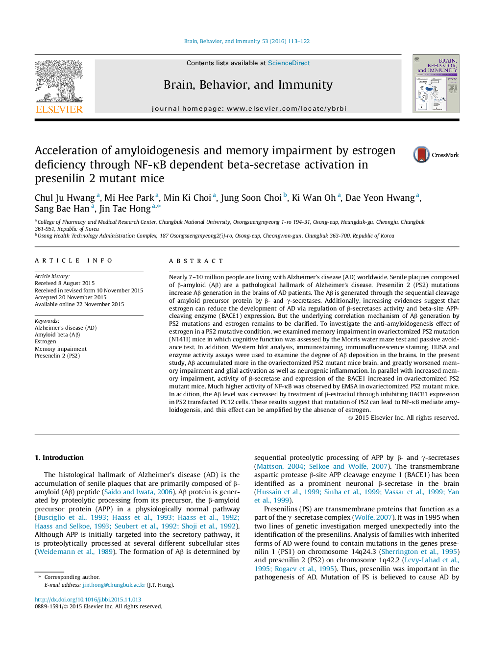 Acceleration of amyloidogenesis and memory impairment by estrogen deficiency through NF-κB dependent beta-secretase activation in presenilin 2 mutant mice