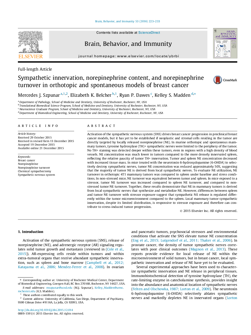 ناباروری سمپاتیک، محتوای نوراپی نفرین و گردش نوراپی نفرین در مدل های ارتوتومی و خودبهخودی سرطان پستان