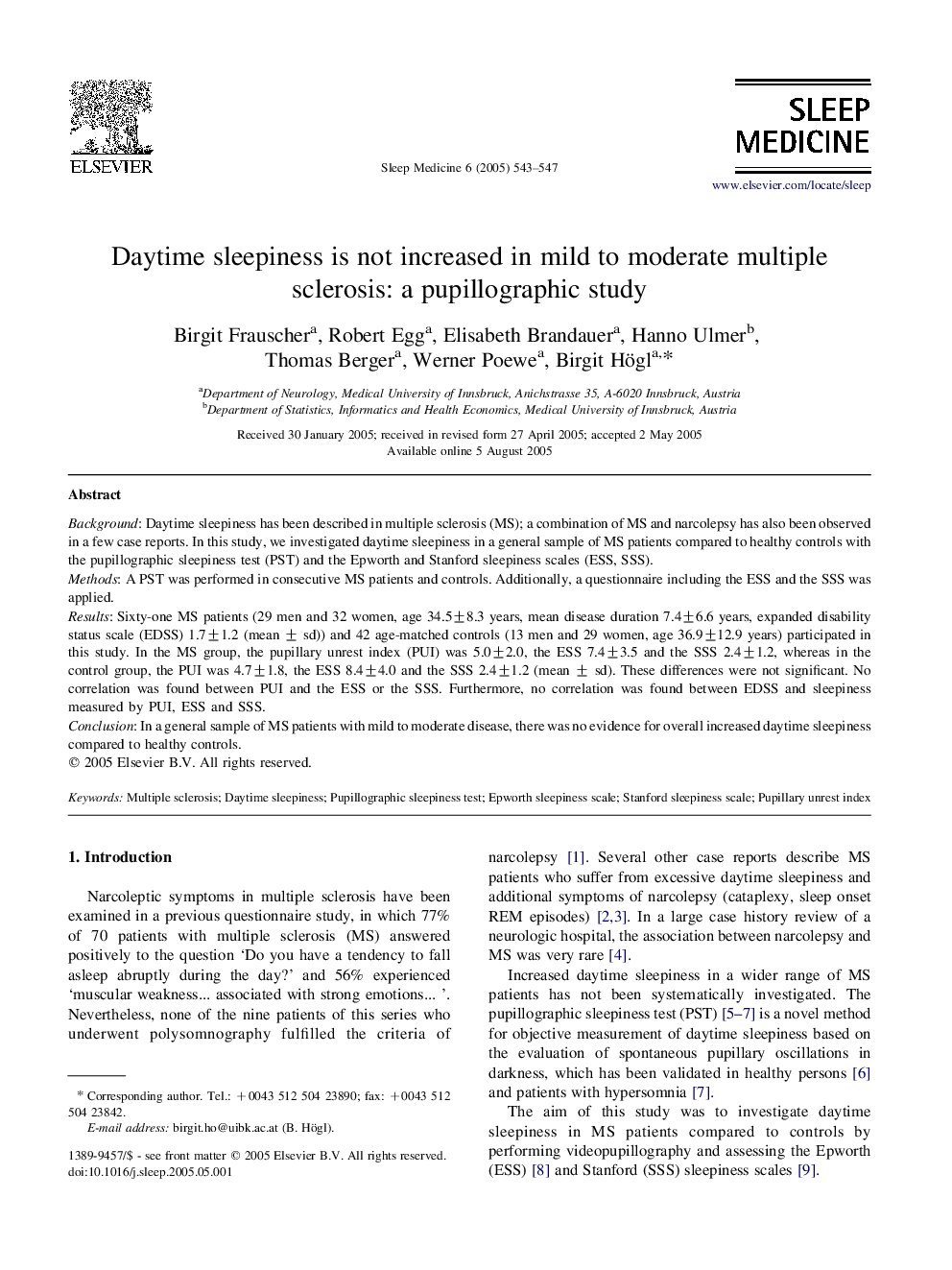 Daytime sleepiness is not increased in mild to moderate multiple sclerosis: a pupillographic study