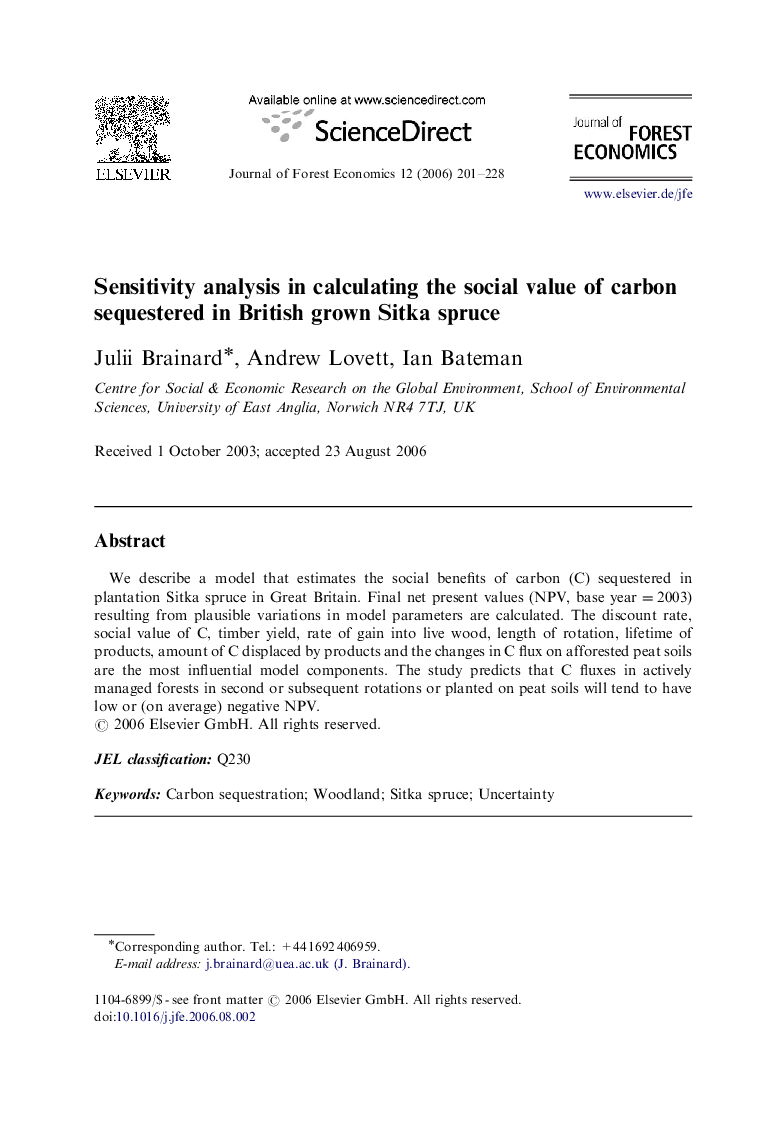 Sensitivity analysis in calculating the social value of carbon sequestered in British grown Sitka spruce