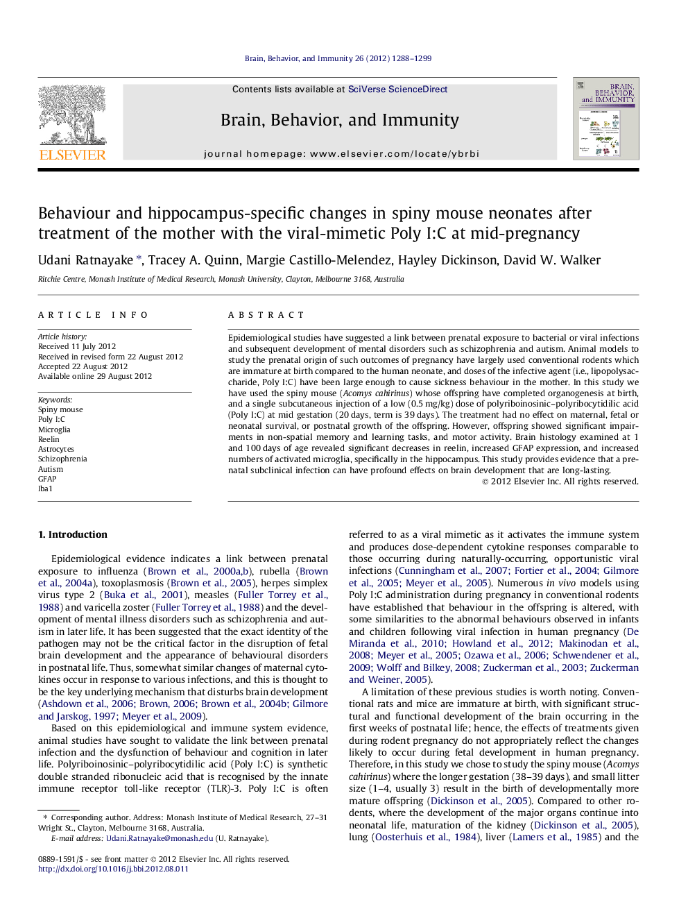 Behaviour and hippocampus-specific changes in spiny mouse neonates after treatment of the mother with the viral-mimetic Poly I:C at mid-pregnancy