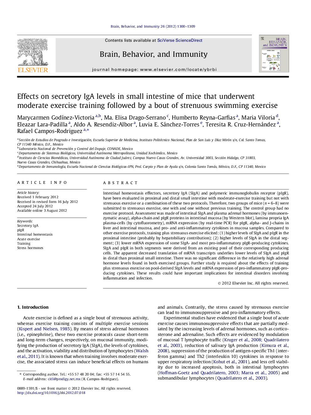 Effects on secretory IgA levels in small intestine of mice that underwent moderate exercise training followed by a bout of strenuous swimming exercise