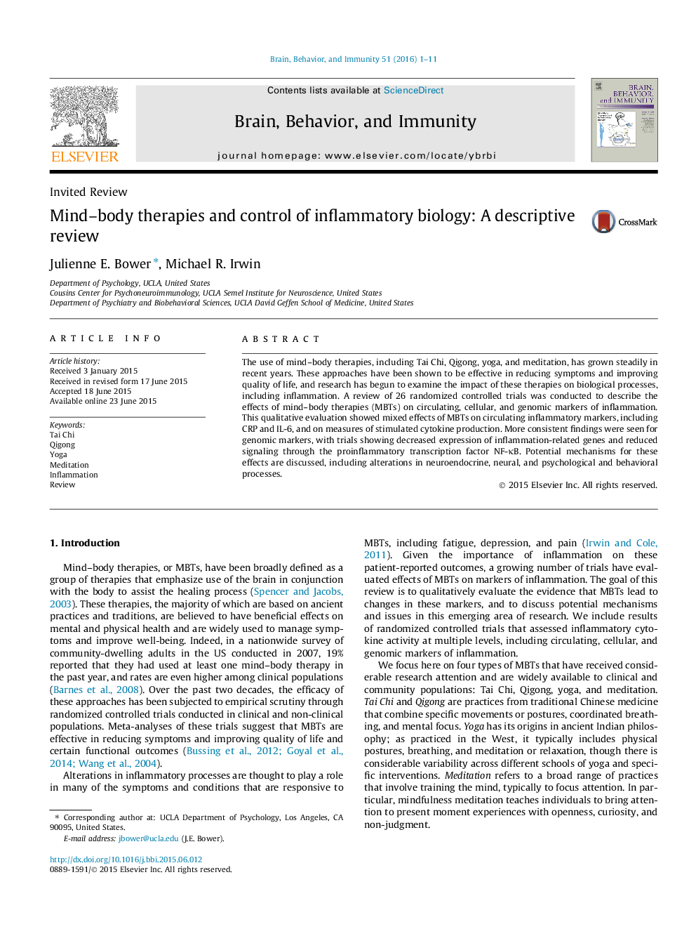 Mind–body therapies and control of inflammatory biology: A descriptive review