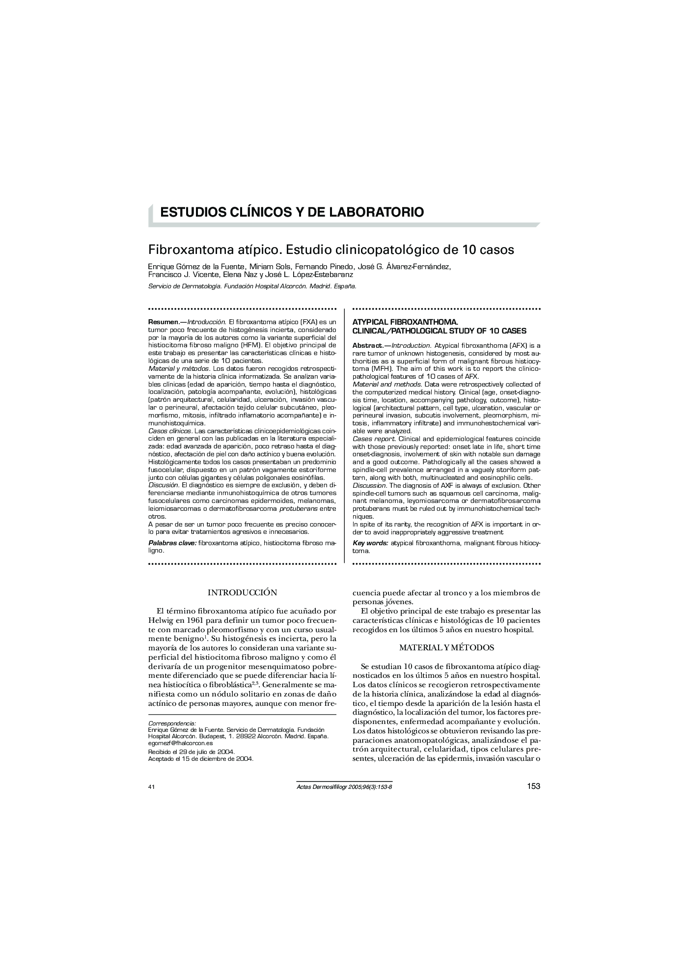 Fibroxantoma atÃ­pico. Estudio clinicopatológico de 10 casos