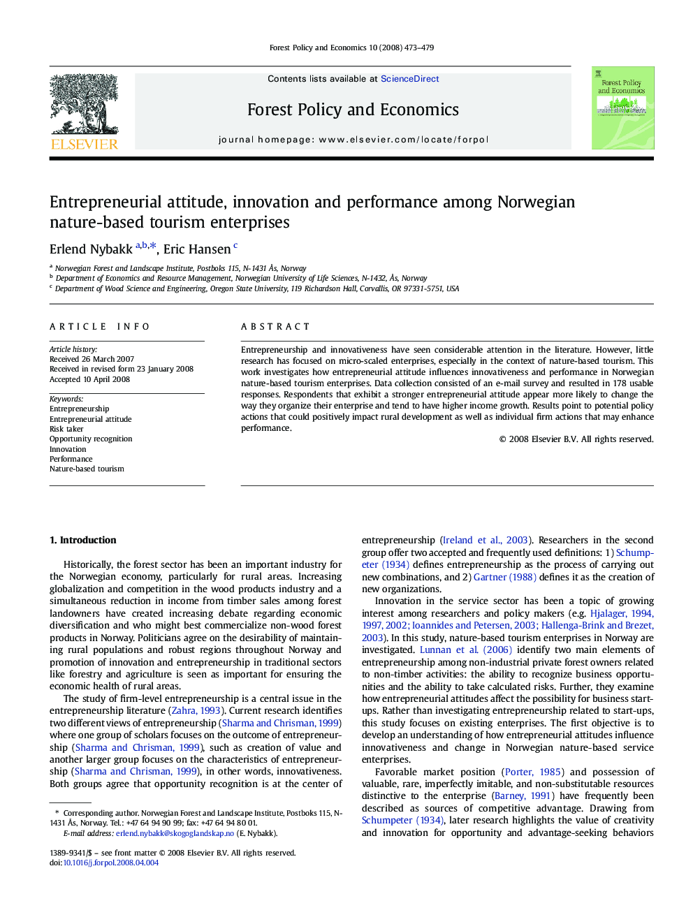 Entrepreneurial attitude, innovation and performance among Norwegian nature-based tourism enterprises