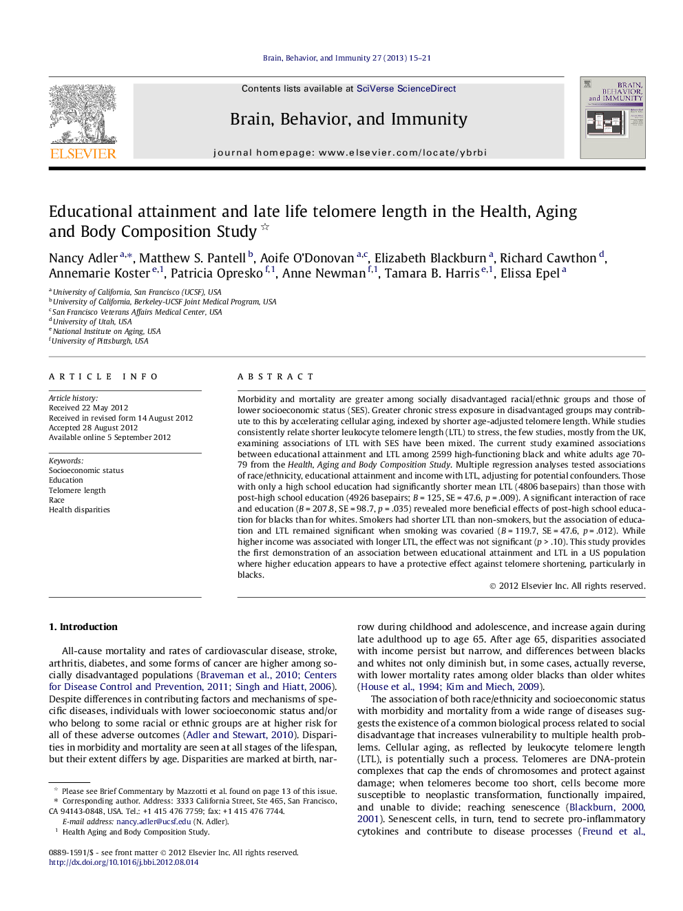 Educational attainment and late life telomere length in the Health, Aging and Body Composition Study 