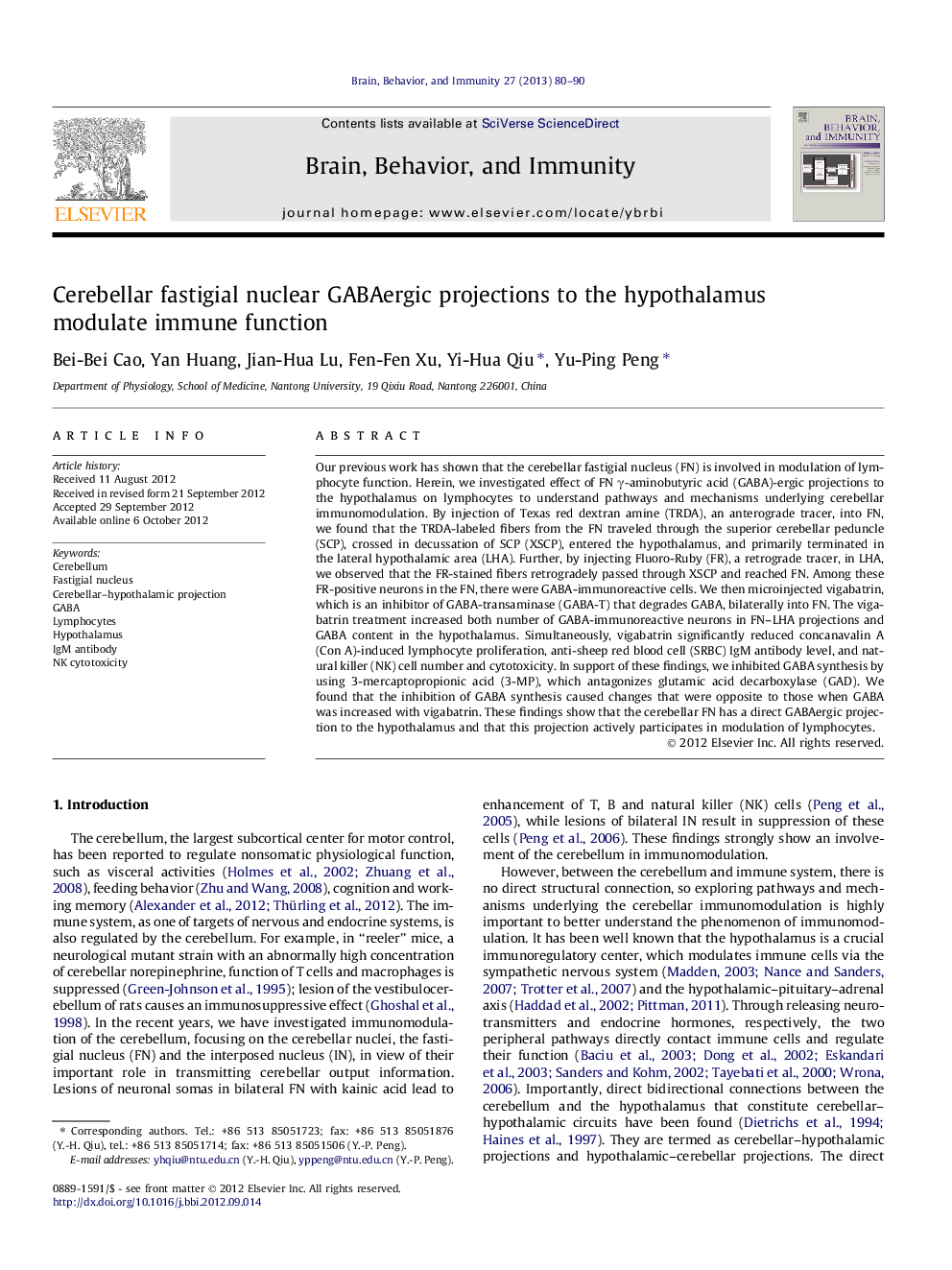 Cerebellar fastigial nuclear GABAergic projections to the hypothalamus modulate immune function