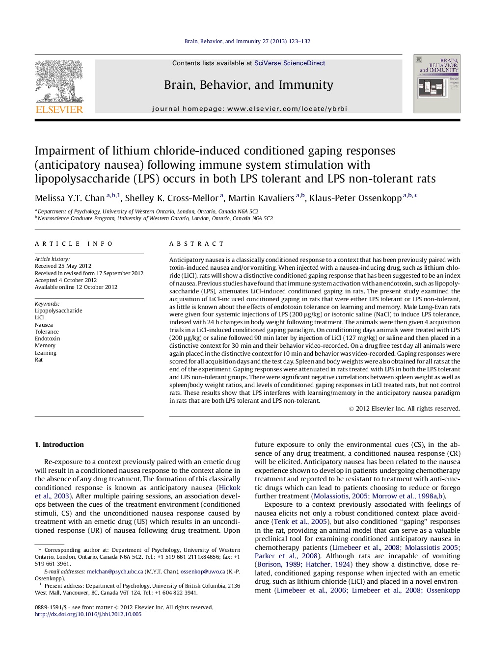 Impairment of lithium chloride-induced conditioned gaping responses (anticipatory nausea) following immune system stimulation with lipopolysaccharide (LPS) occurs in both LPS tolerant and LPS non-tolerant rats