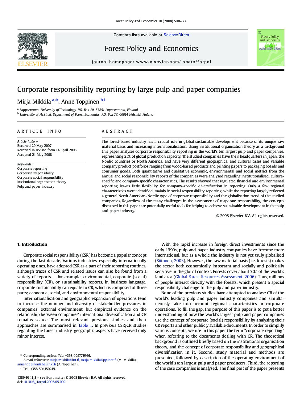 Corporate responsibility reporting by large pulp and paper companies