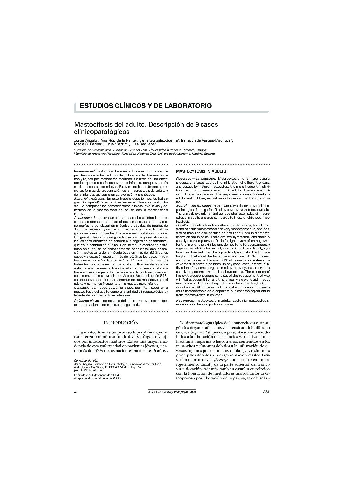 Mastocitosis del adulto. Descripción de 9 casos clinicopatológicos