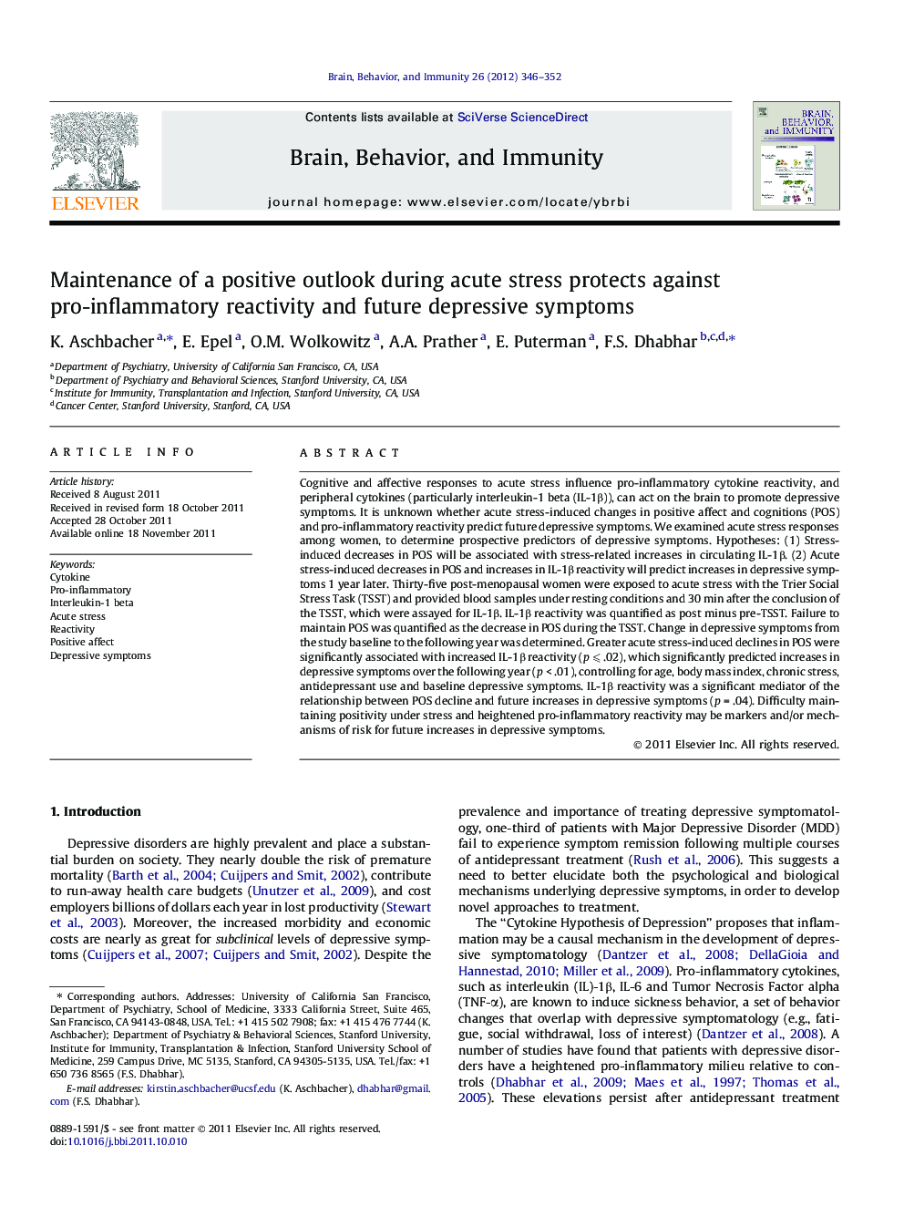 Maintenance of a positive outlook during acute stress protects against pro-inflammatory reactivity and future depressive symptoms