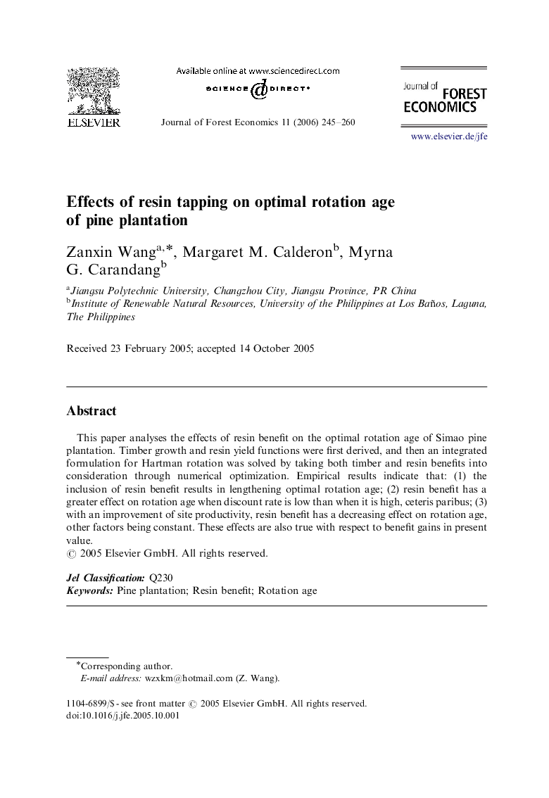 Effects of resin tapping on optimal rotation age of pine plantation