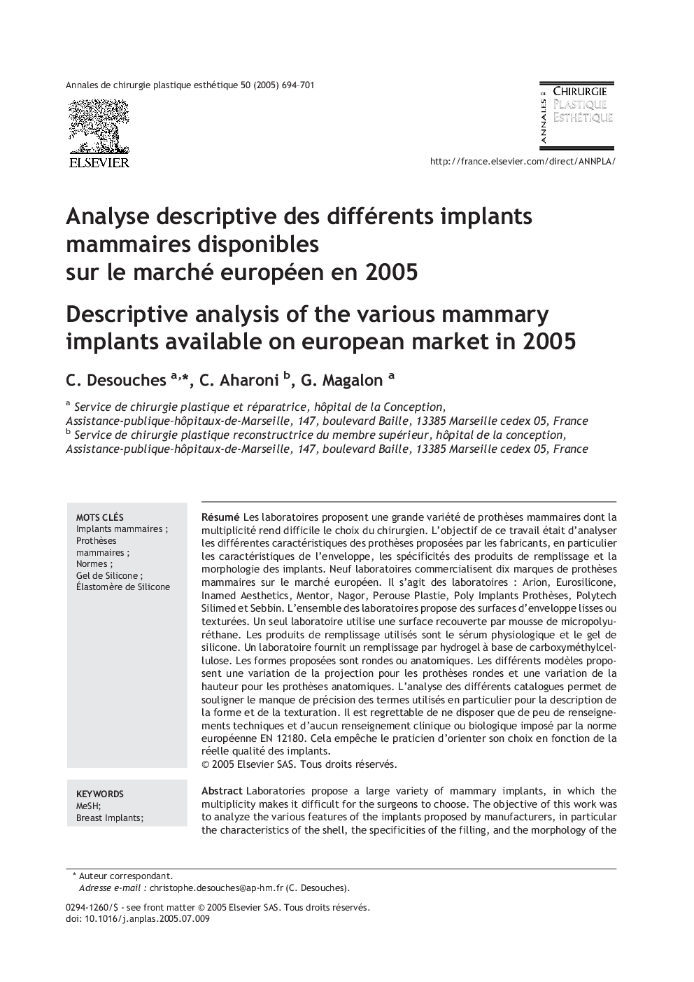 Analyse descriptive des différents implants mammaires disponibles sur le marché européen en 2005