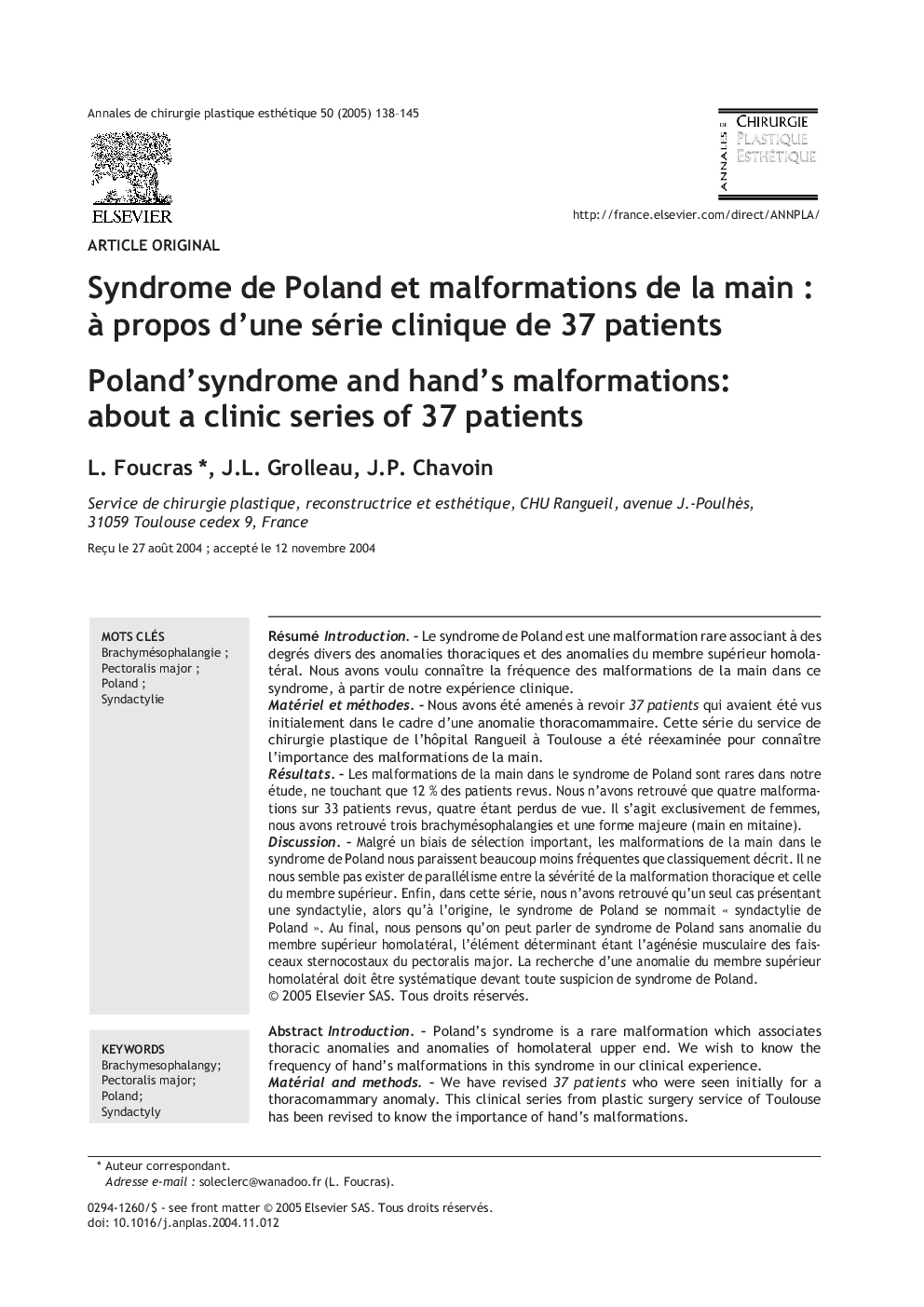 Syndrome de Poland et malformations de la mainÂ : Ã  propos d'une série clinique de 37 patients