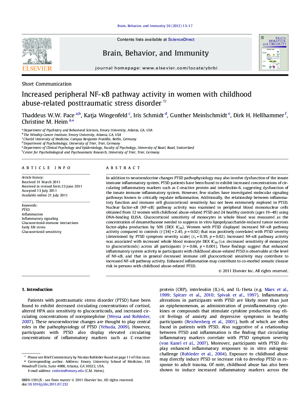 Increased peripheral NF-κB pathway activity in women with childhood abuse-related posttraumatic stress disorder 