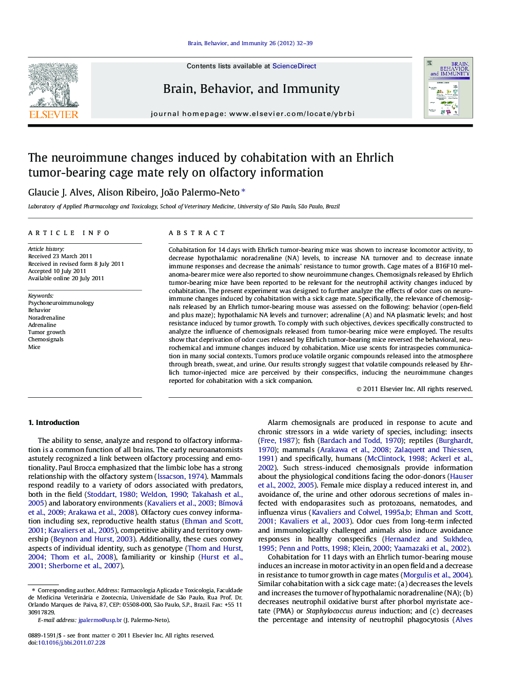 The neuroimmune changes induced by cohabitation with an Ehrlich tumor-bearing cage mate rely on olfactory information