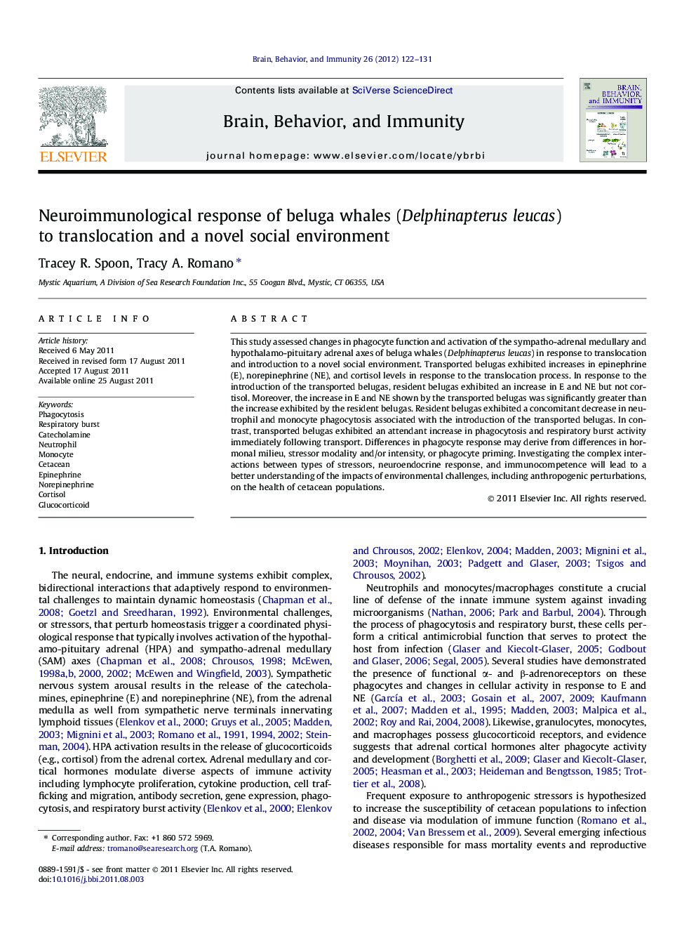 Neuroimmunological response of beluga whales (Delphinapterus leucas) to translocation and a novel social environment