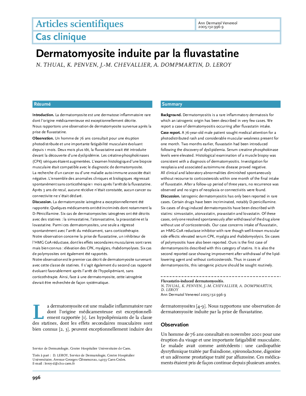 Dermatomyosite induite par la fluvastatine