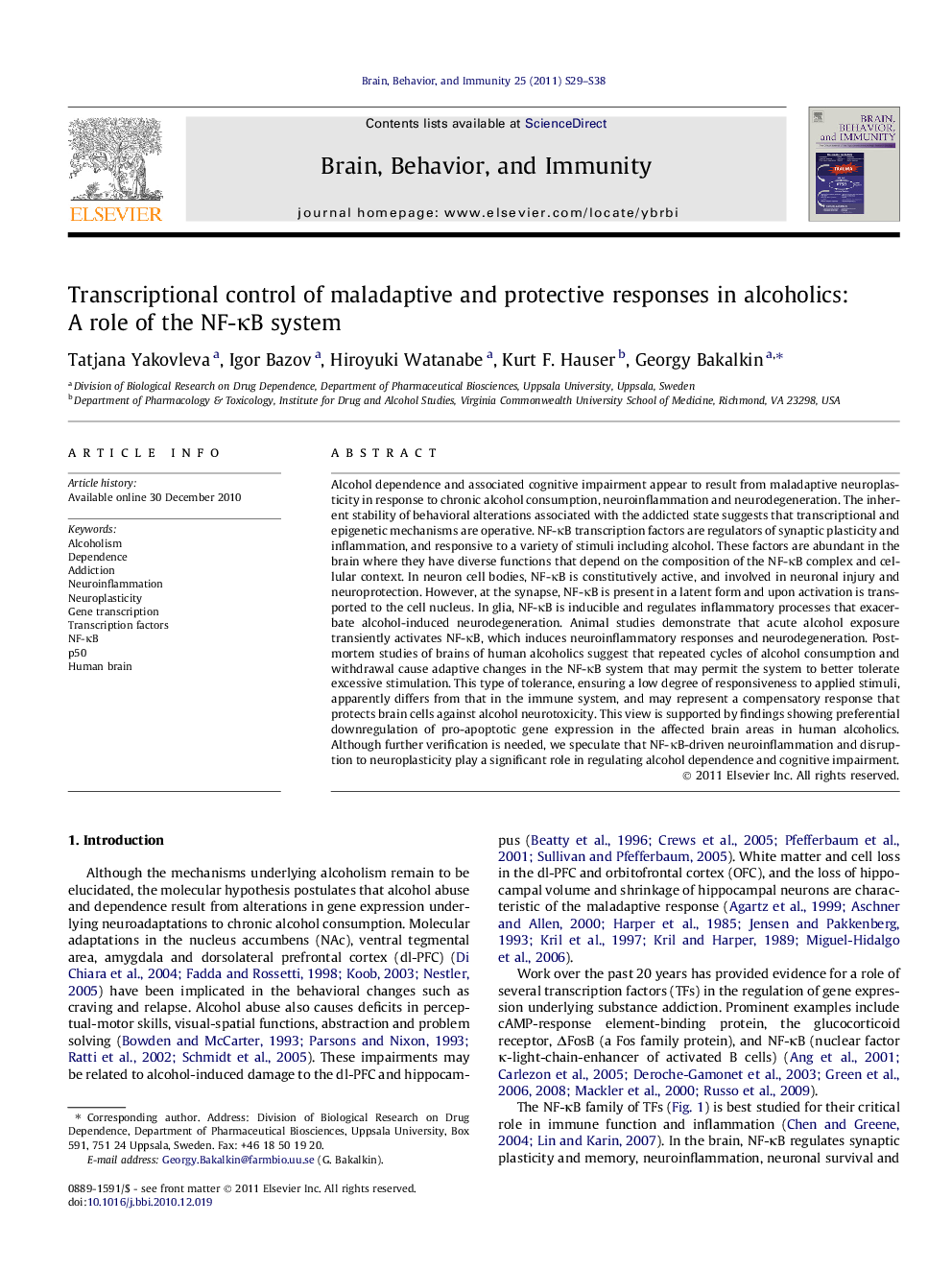 Transcriptional control of maladaptive and protective responses in alcoholics: A role of the NF-κB system