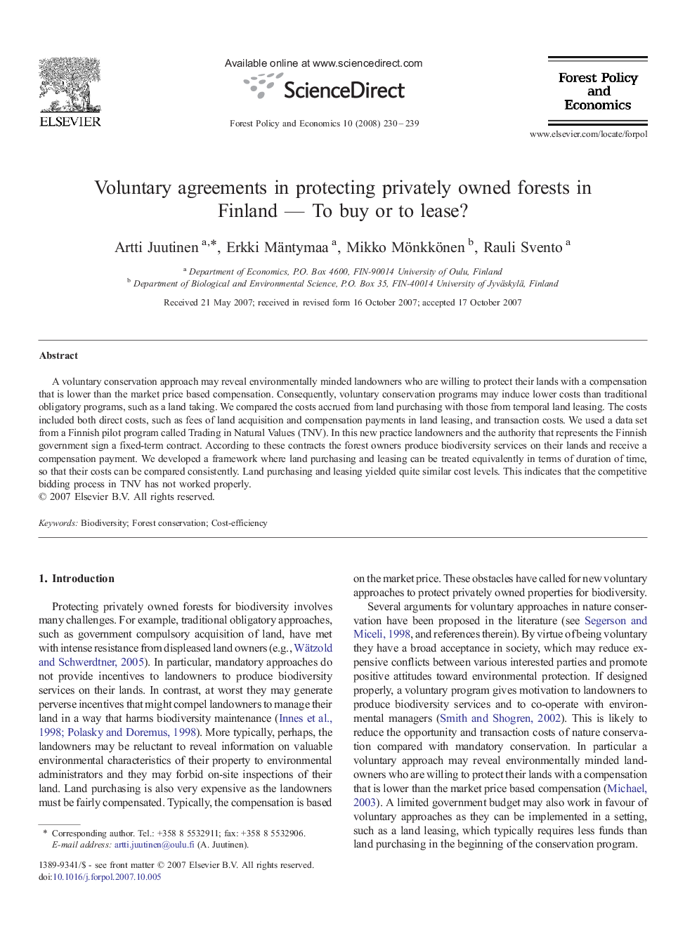 Voluntary agreements in protecting privately owned forests in Finland — To buy or to lease?