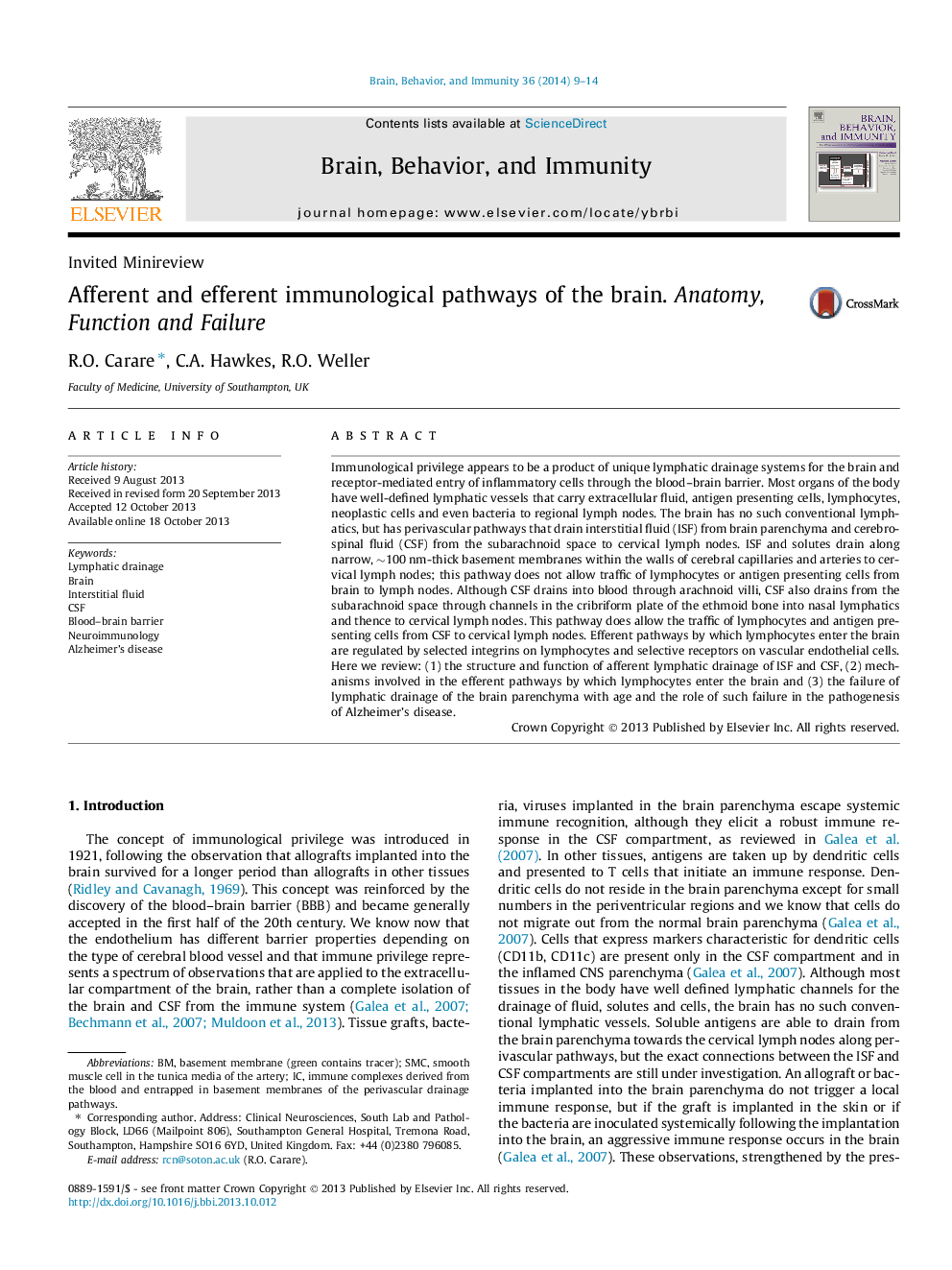 Afferent and efferent immunological pathways of the brain. Anatomy, Function and Failure