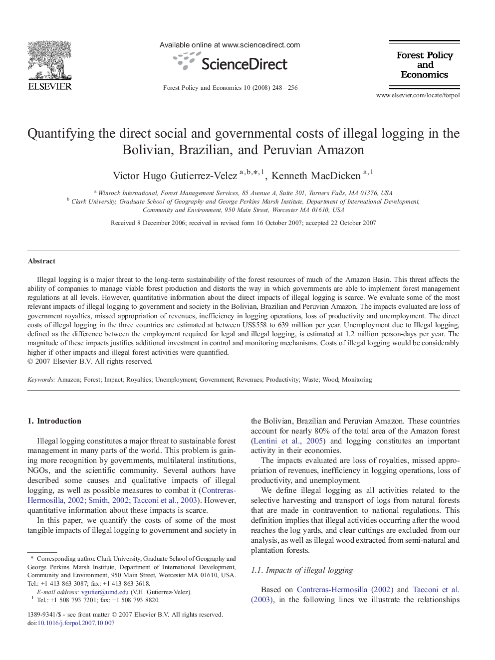 Quantifying the direct social and governmental costs of illegal logging in the Bolivian, Brazilian, and Peruvian Amazon