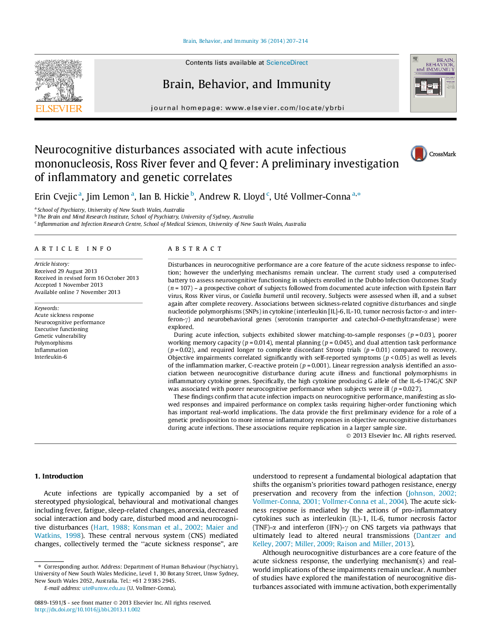 Neurocognitive disturbances associated with acute infectious mononucleosis, Ross River fever and Q fever: A preliminary investigation of inflammatory and genetic correlates