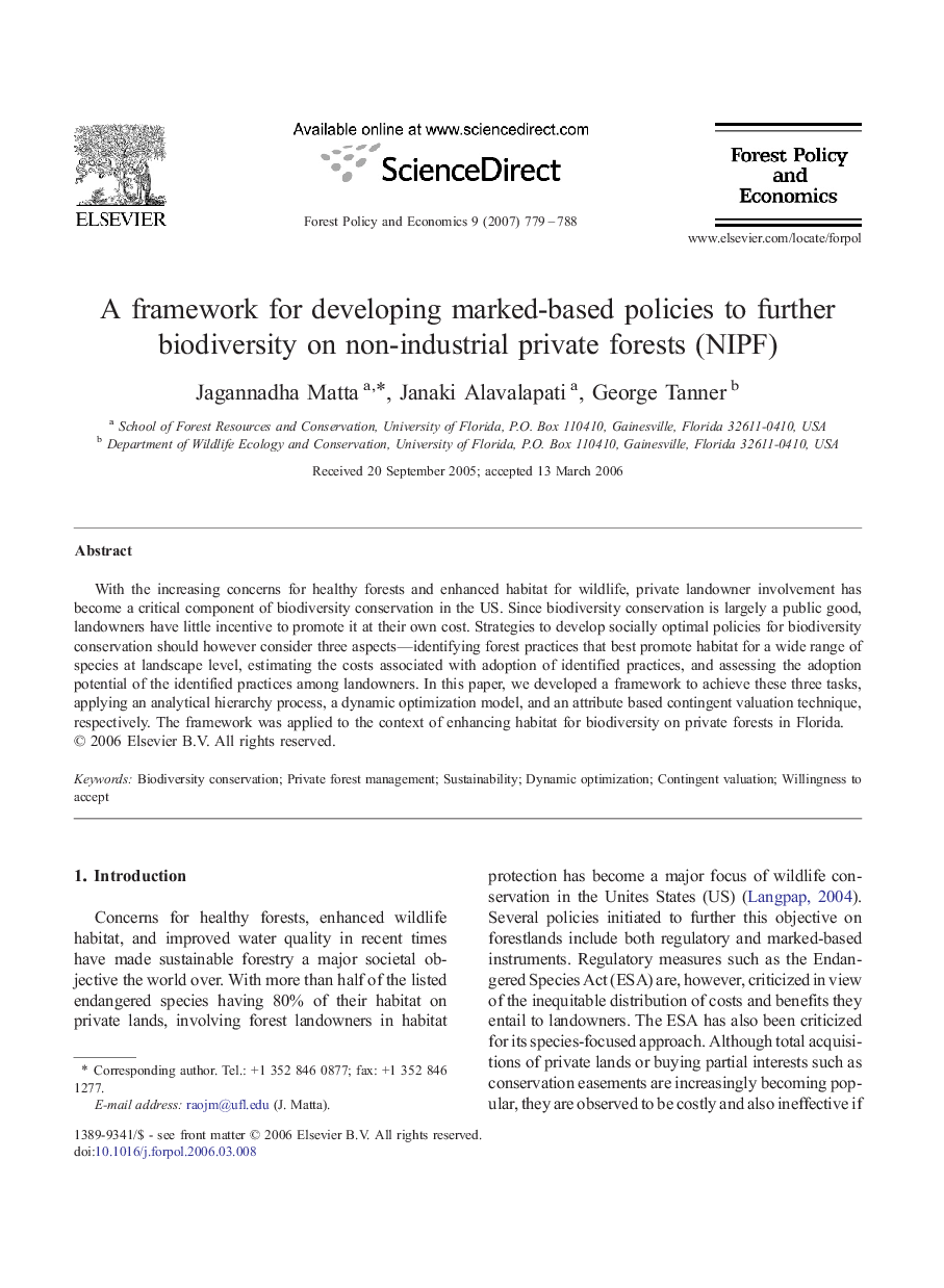 A framework for developing marked-based policies to further biodiversity on non-industrial private forests (NIPF)