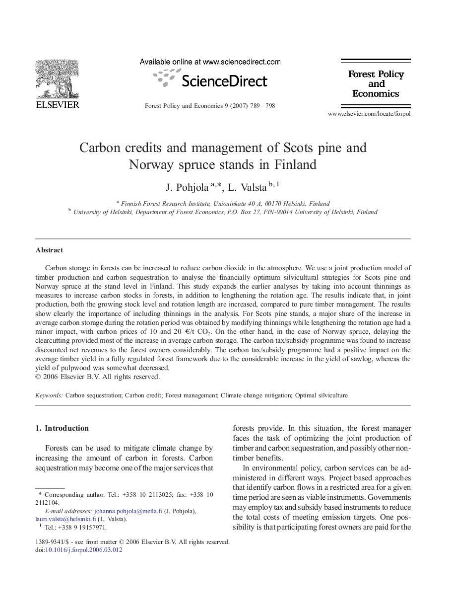 عکس صفحه اول مقاله: Carbon credits and management of Scots pine and Norway spruce stands in Finland Carbon credits and management of Scots pine and Norway spruce stands in Finland