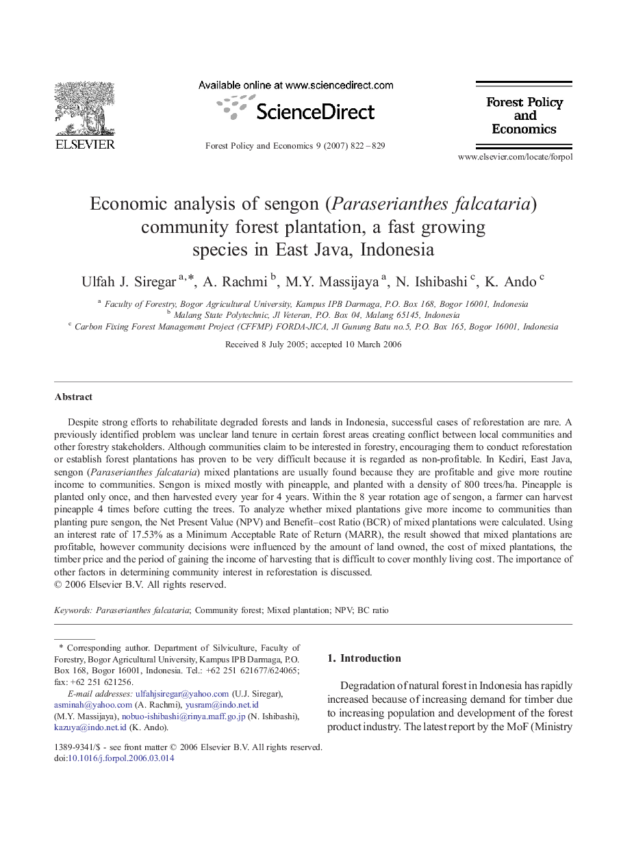 Economic analysis of sengon (Paraserianthes falcataria) community forest plantation, a fast growing species in East Java, Indonesia