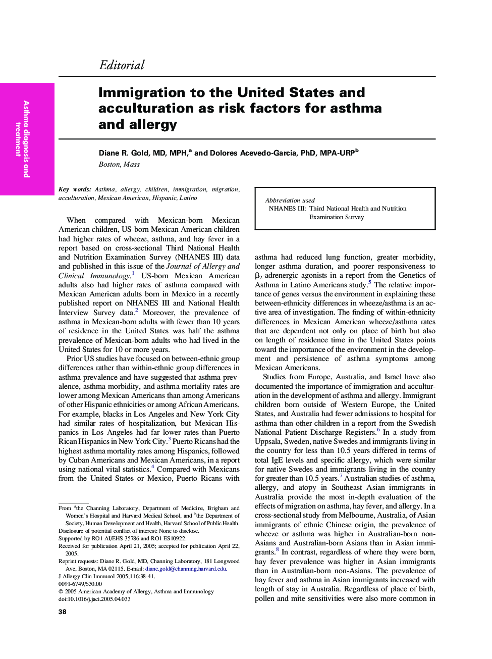 Immigration to the United States and acculturation as risk factors for asthma and allergy