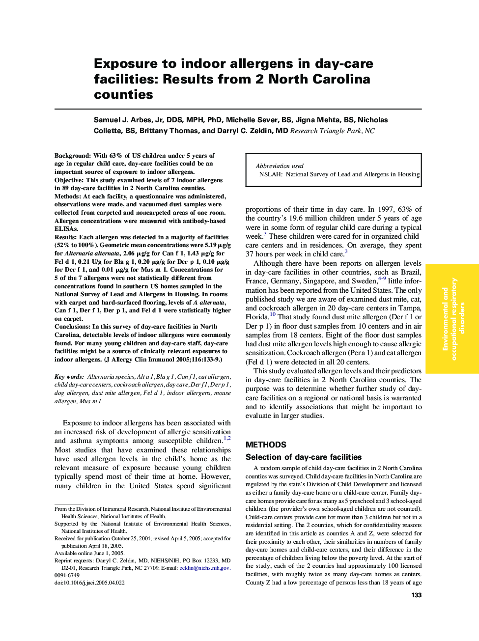 Exposure to indoor allergens in day-care facilities: Results from 2 North Carolina counties