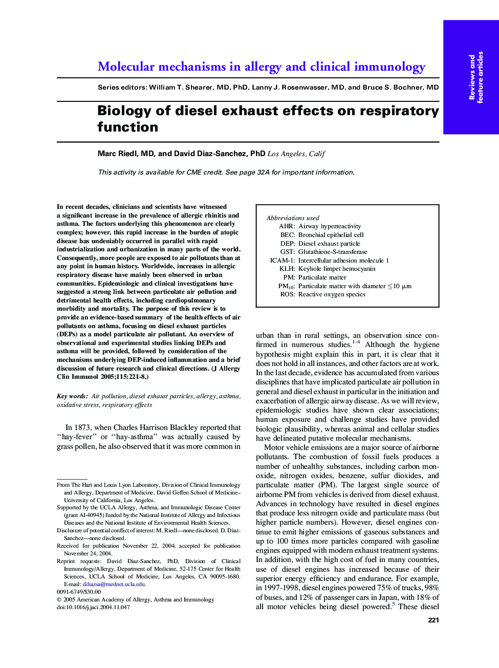 Biology of diesel exhaust effects on respiratory function