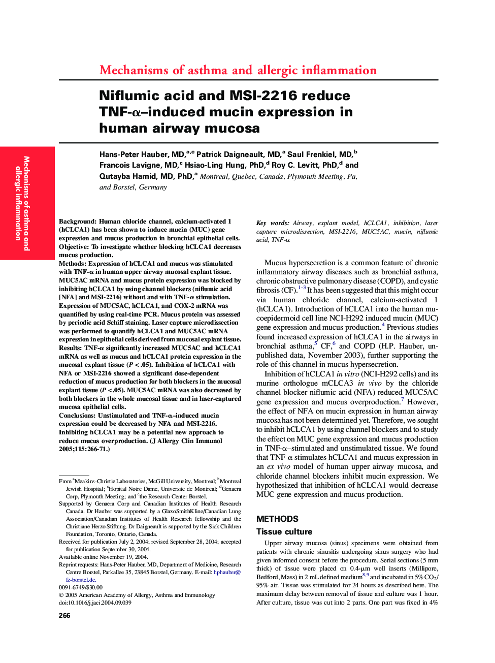 Niflumic acid and MSI-2216 reduce TNF-Î±-induced mucin expression in human airway mucosa