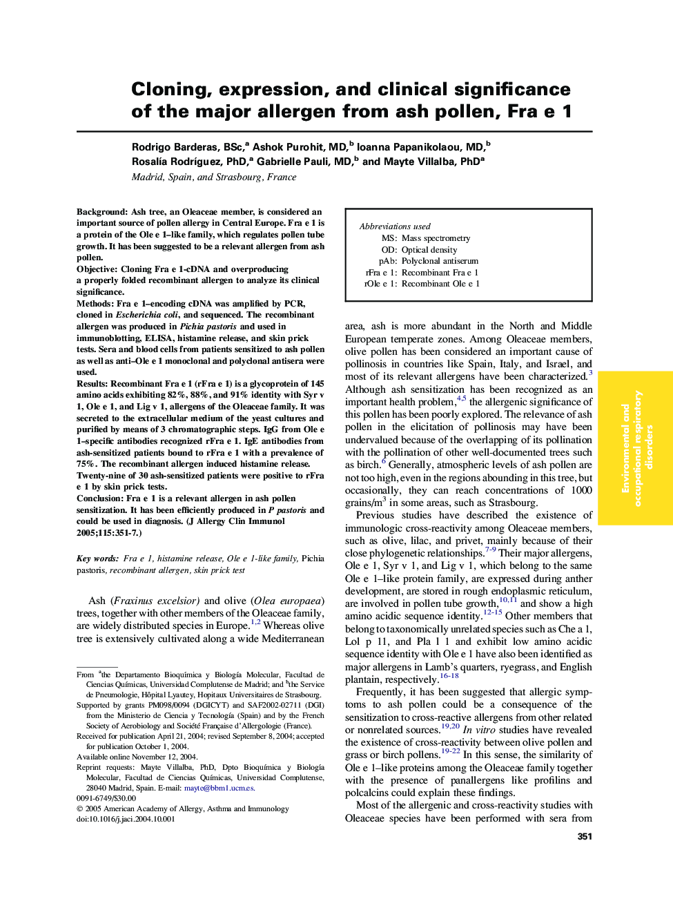 Cloning, expression, and clinical significance of the major allergen from ash pollen, Fra e 1