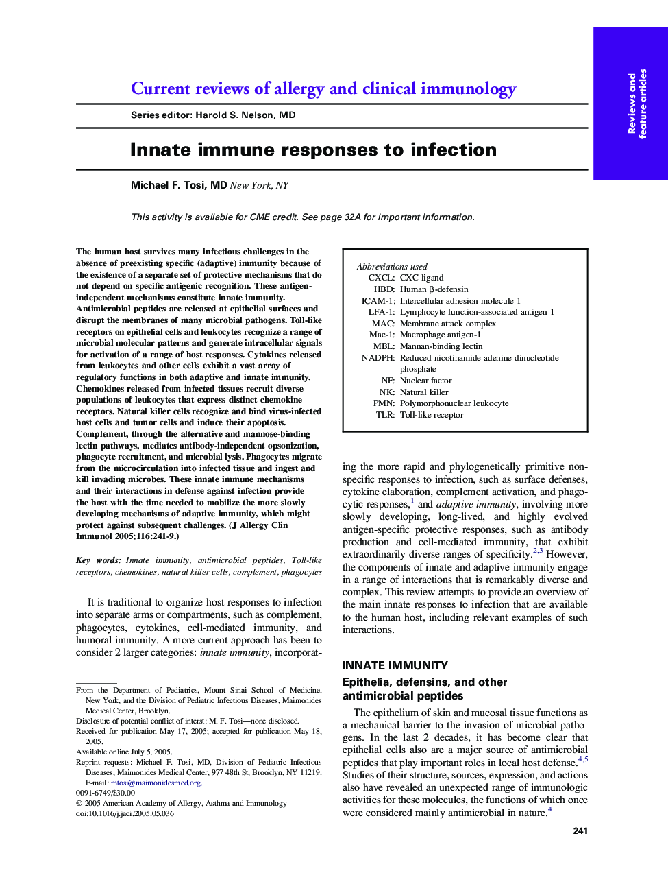 Innate immune responses to infection