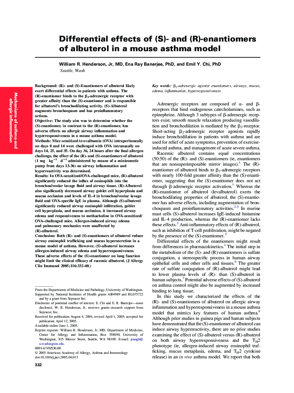 عکس صفحه اول مقاله: Differential effects of (S)- and (R)-enantiomers of albuterol in a mouse asthma model Differential effects of (S)- and (R)-enantiomers of albuterol in a mouse asthma model