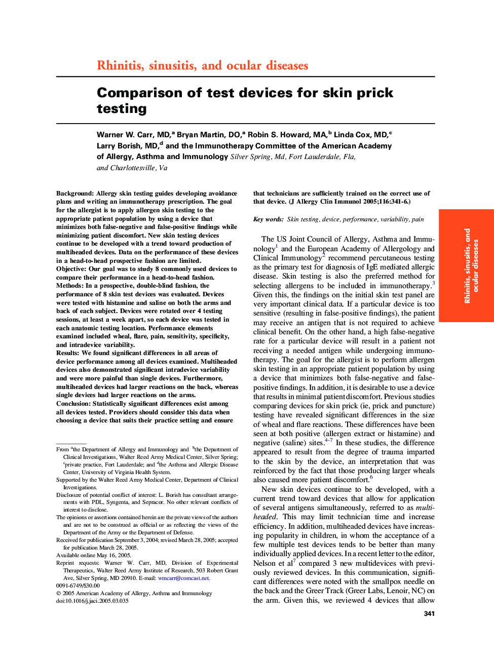 Comparison of test devices for skin prick testing